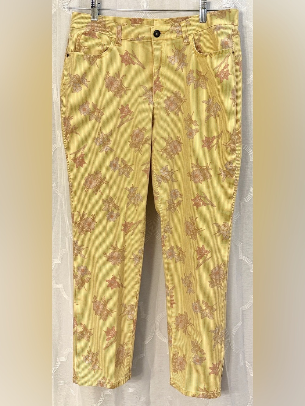 Studio | Floral Corduroy Pants | Yellow Boho Straight Leg Size 12 | Anthro
